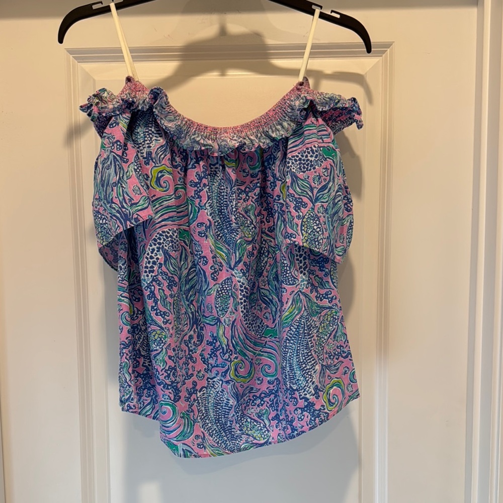 Lilly Pulitzer Pink and Blue Off-Shoulder linen Blouse
